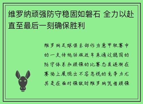 维罗纳顽强防守稳固如磐石 全力以赴直至最后一刻确保胜利