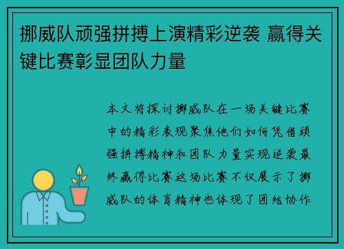 挪威队顽强拼搏上演精彩逆袭 赢得关键比赛彰显团队力量