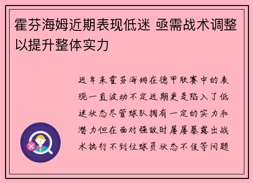 霍芬海姆近期表现低迷 亟需战术调整以提升整体实力