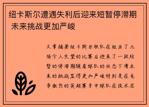 纽卡斯尔遭遇失利后迎来短暂停滞期 未来挑战更加严峻
