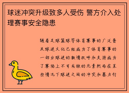 球迷冲突升级致多人受伤 警方介入处理赛事安全隐患