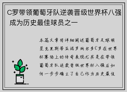 C罗带领葡萄牙队逆袭晋级世界杯八强 成为历史最佳球员之一